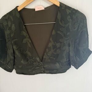 Showpo Green Puff Sleeve Crop Top with Notched Collar